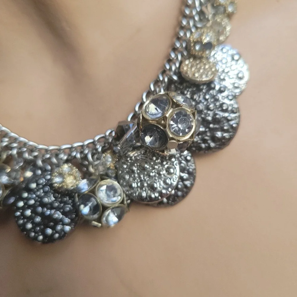 Ann‎ Taylor Loft Silver Gold Tone Crystal Charm Statement Necklace